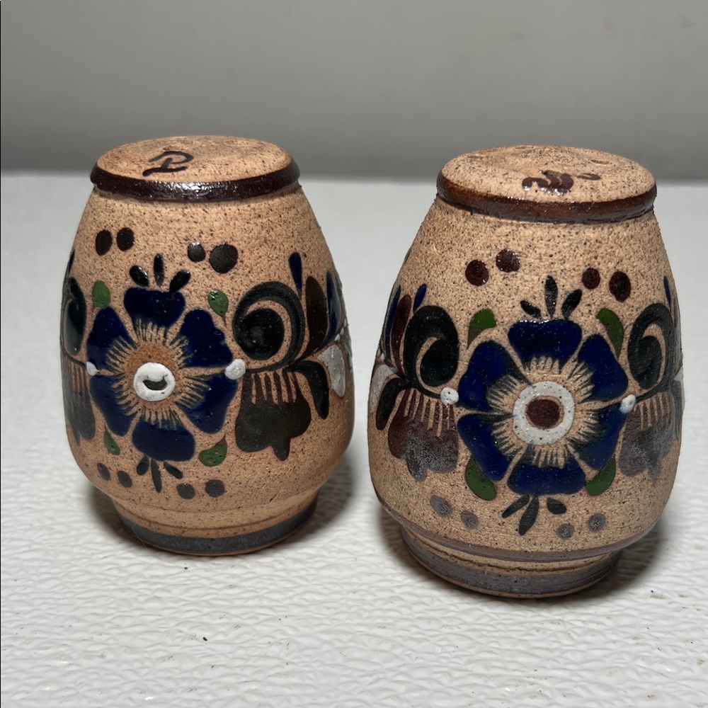 Vintage Mexico Tonala Salt and Pepper Shakers Floral Hand Painted Signed